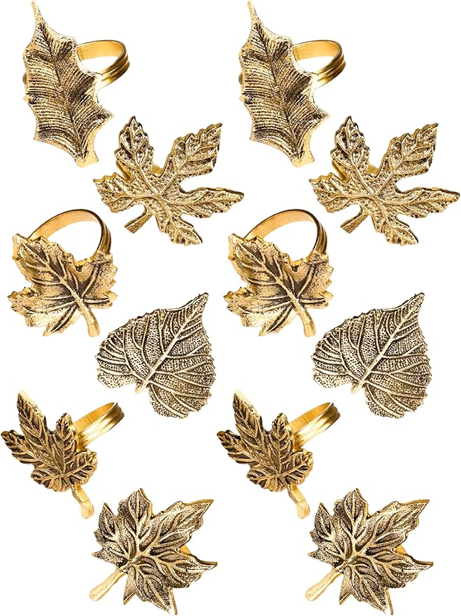 ALPHA Living HOME 12-Piece Metal Napkin Rings - Antique Gold Harvest Leaf Napkin Rings - Decorative Table Accents for Holiday Party, Dinner, Family Gatherings, Table Décor Weddings & Everyday Use