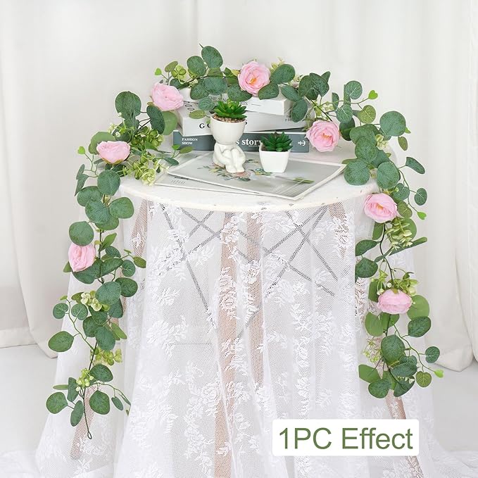 TOCHGREEN 2 Pack 13Ft Artificial Eucalyptus Flower Garland with Pink Camellia, Fake Flower Greenery Garland Floral Vines for Wedding Home Party Room Table Runner Decor (2PCS, Pink)
