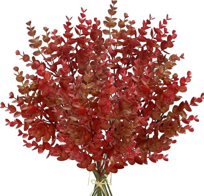5 Stems Artificial Fall Greenery – 14.6" Eucalyptus Leaf Stems for Autumn Floral Arrangements, Thanksgiving Centerpieces, Fall Decor Bouquets, Burgundy Red