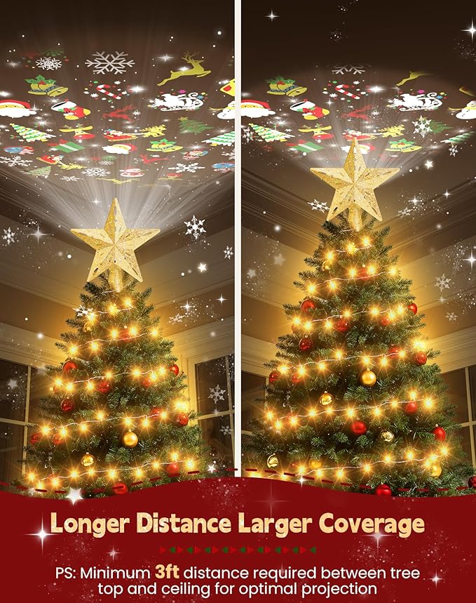 Christmas Tree Topper with 32.8FT Warm Light Cord and 6 Projection Modes, Christmas Star Tree Topper Built-in LED Rotating Projector Lights, 3D Glitter Christmas Tree Decorations (Gold)