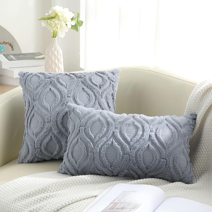 decorUhome Throw Pillow Covers 24x24 Inch Set of 2, Soft Plush Faux Wool Blue Grey Solid Couch Pillow Covers, Accent Farmhouse Neutral Square Pillow Cases for Sofa Bed Living Room