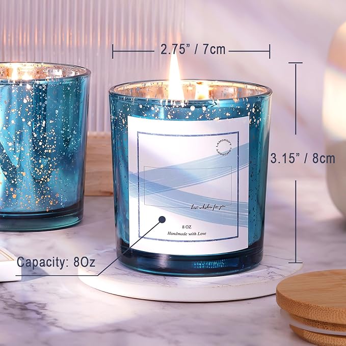 LAMORGIFT 15 Pack Glass Candle Jars with Lids (8oz, Lake Blue) - Candle Making Jars Containers for Making Candles - Mercury Glass Candle Jars include 20 Pcs Labels