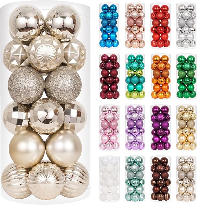 XmasExp Christmas Ball Ornaments (1.57", Champagne Gold) 24ct Christmas Ball Ornaments Shatterproof Xmas Tree Hanging Balls Decorations Perfect for Holiday Wedding Christmas Decor