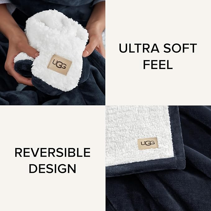 UGG Nita King/California King Blanket Fleece Fluffy Reversible Soft Fuzzy Bedding Cozy Plush Warm Oversized Blanket Machine Washable Bedroom Decor for Big Couch or Bed, 110-inch x 90-inch, Navy Blue