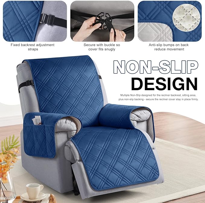 TAOCOCO 100% Waterproof Recliner Chair Cover, Recliner Covers for Recliner Chair with Pocket, Non Slip Reclining Chair Cover Furniture Protector for Kids, Pets(23.6'', Dark Blue-Velvet)