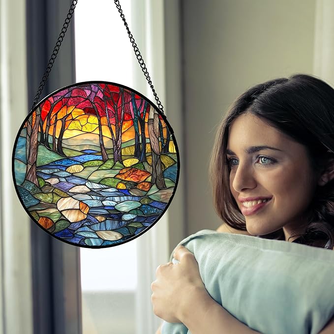 Stained Glass Window Hanging, Red Tree Abstract Sunset Lake Sun Catcher for Window Home Decor Landscape Suncatcher Mother's Day Birthday Gifts for Women Men Mom and Nana 7.8 in