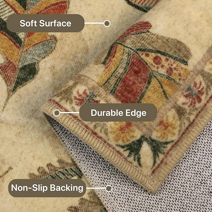 GENIMO 8x10 Area Rugs for Living Room, Machine Washable Non Slip Vintage Retro Rugs, Low Pile Soft Chenille Print Rug for Bedroom, Dining Room, Home Office, Leafy Daylight