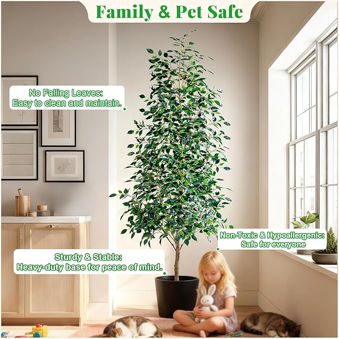 6FT Artificial Ficus Trees Indoor Faux Trees Indoor Fake Floor Plants Tall Artificial Tree with White Pot Faux Tree Fake Indoor Tree Silk Plants Artificial Trees for Home Decor Indoor