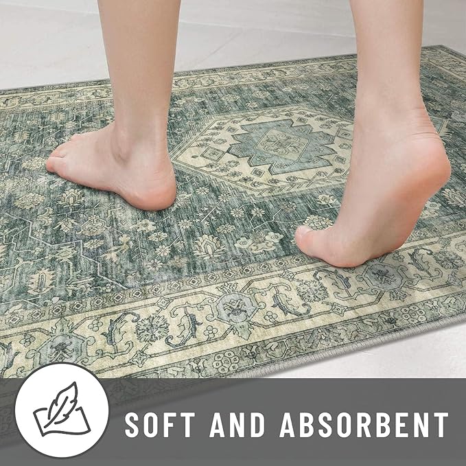 KUTA Runners for Hallways 2x6 Green, Vintage Floral Kitchen Rugs Non-Slip Washable Runner Ultra Soft Printed Retro Flower Carpet Entryway Rug for Bedroom Laundry Nursery Entryways