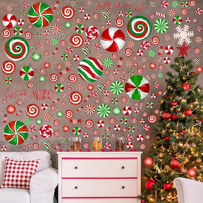 211 Pcs 6 Sheets Christmas Candy Decals Peppermint Wall Stickers Removable Oil Red and Green Candy Stickers Christmas Window Clings for Indoor Living Room Bedroom Nursery Decor