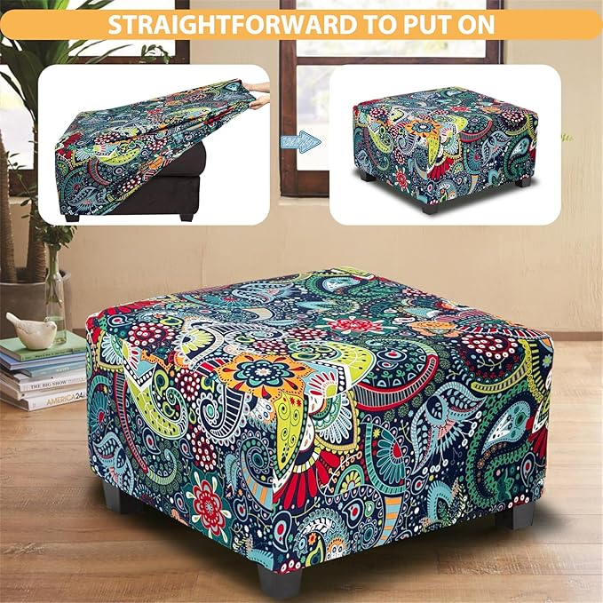 Ottoman Cover Square Slipcovers Printed,Stretch Footrest Stool Cover for Ottoman Square,Soft Foot Stool Cover Protector with Nonslip Elastic Bottom (Medium,Navy&Green)