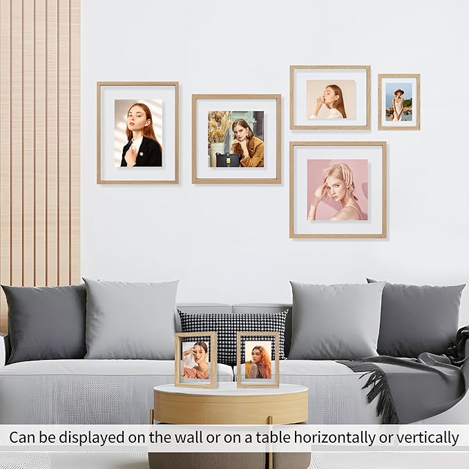 5x7 Floating Picture Frames Set of 2, Double Glass Photo Frame Wooden Frame for Wall Mount or Tabletop Displays for 3x5, 4x6 inch Pictures, Plane Edge Frames, Natural