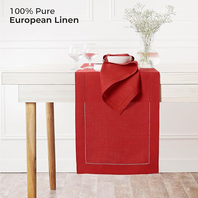 D'Moksha Homes Linen Bright Red Table Runner 60 Inches - Classic Hemstitch, 100% Pure Linen Coffee Table Runner 14 x 60 Inch Ideal for Dresser Tables, Valentines, Spring, Easter