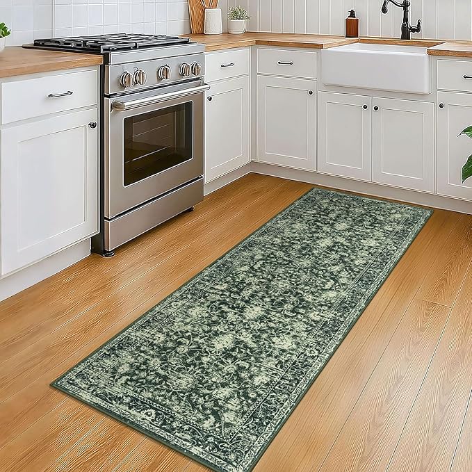 KILOCOCO Hallway Runner 2x5 Kitchen Runner Rug Printed Vintage Floral Washable Non-Slip Runners for Hallways Laundry Room Rugs Distressed Boho Rug Runners for Bedroom, Green