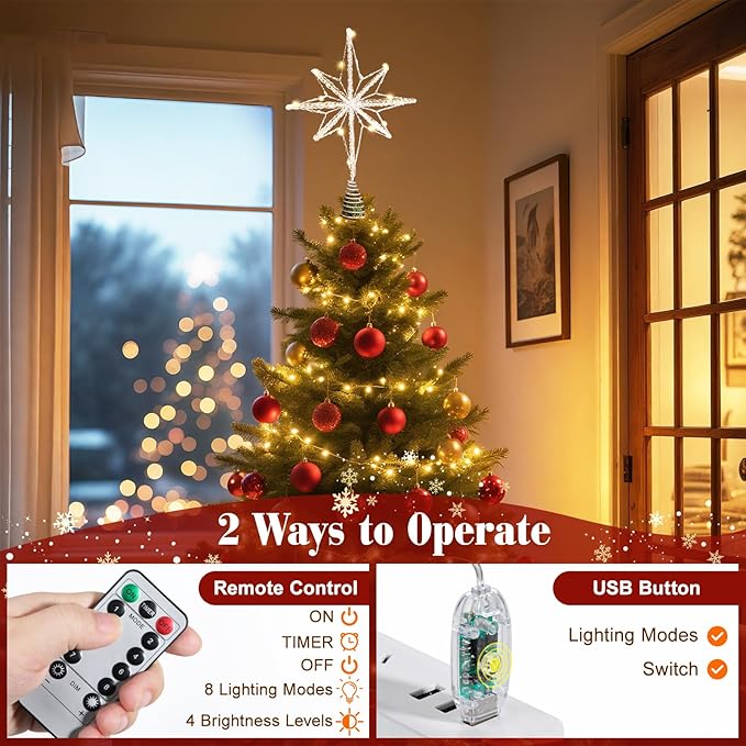 Lewondr Christmas Tree Topper Star, 15.94" Epoxy Bethlehem Star Tree Topper with 20 LED Bulbs, 6 Hrs Timer and 8 Light Modes USB Remote Control, Christmas Treetop Decor for Home Holiday, Silver