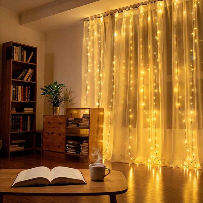 Warm White LED Fairy Curtain Lights, 300 LEDs with Remote Control - 8 Modes Dimmable, USB Plug-in String Lights for Bedroom Wedding Christmas Party Indoor Decor