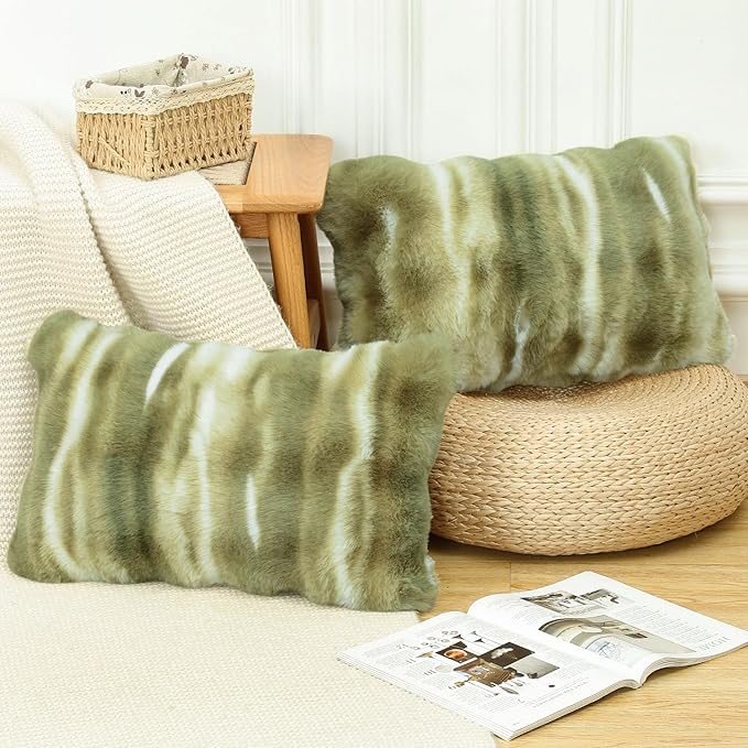 MADIZZ Pack of 2 Thick Plush Wool Throw Pillow Covers 12x20 Inch Green Soft Neutral Decorative Throw Pillows Accent Boho Cushion Covers for Couch Sofa Bedroom Pillow Shell