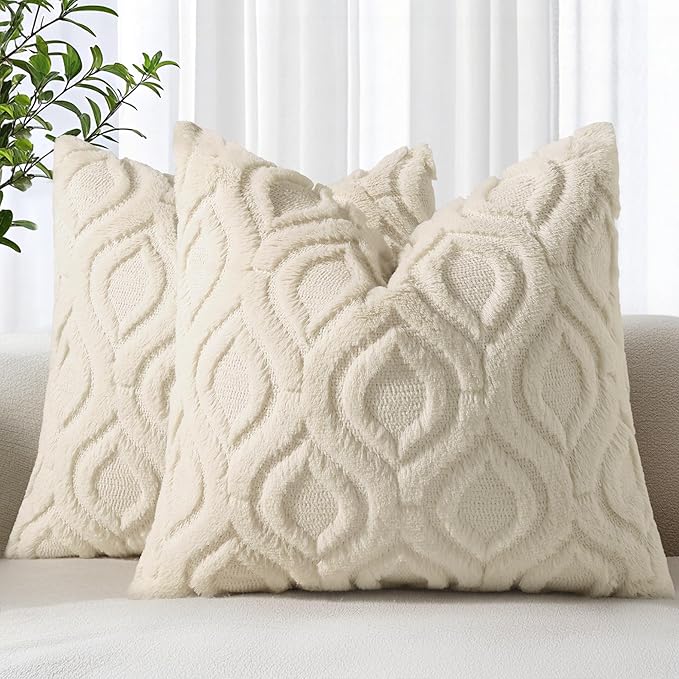 decorUhome Throw Pillow Covers 26x26 Inch Set of 2, Soft Plush Faux Wool Beige Solid Couch Pillow Covers, Accent Farmhouse Neutral Square Pillow Cases for Sofa Bed Living Room