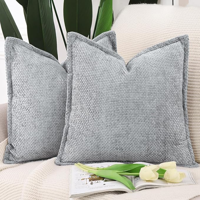 MADIZZ Chenille Velvet Throw Pillow Covers with Flange Set of 2 Super Soft Boho Textured Pillow Covers Decorative Throw Pillowcases Modern Farmhouse Home Decor for Sofa Bedroom Grey 20x20 Inch