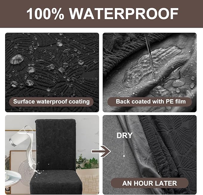 Genina 100% Waterproof Dining Room Chair Covers Set of 4 Stretch Kitchen Chair Covers Parsons Chair Slipcovers for Dining Room Chair Protector Cover, Removable, Washable (Leaf Pattern-Black)