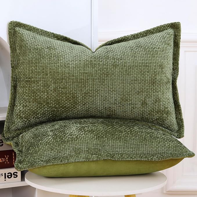 MADIZZ Chenille Velvet Throw Pillow Covers with Flange Set of 2 Super Soft Boho Textured Pillow Covers Decorative Throw Pillowcases Modern Farmhouse Home Decor for Sofa Bedroom Moss Green 12x20 Inch