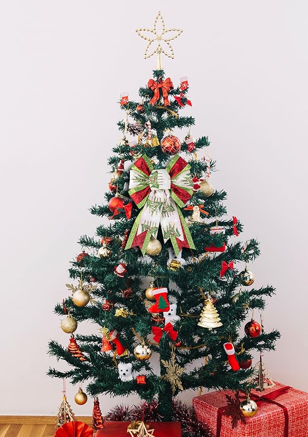 2 PCS Christmas Bow for Wreath, Christmas Wreath Bows for Front Door Wall Fence Decor Glitter Red Green Stripes Xmas Tree Bow for Holiday Party Home New Year Decoration