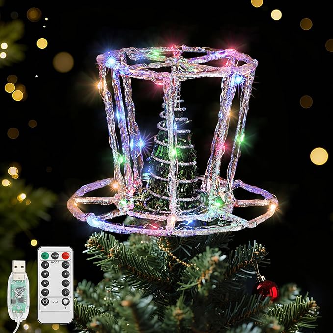 Lewondr Christmas Tree Topper Hat, 9.45" Epoxy Hat Xmas Tree Topper with 40 Color LED Bulbs, 6 Hrs Timer and 8 Light Modes USB Remote Control, Christmas Treetop Decor for Home Holiday, Silver
