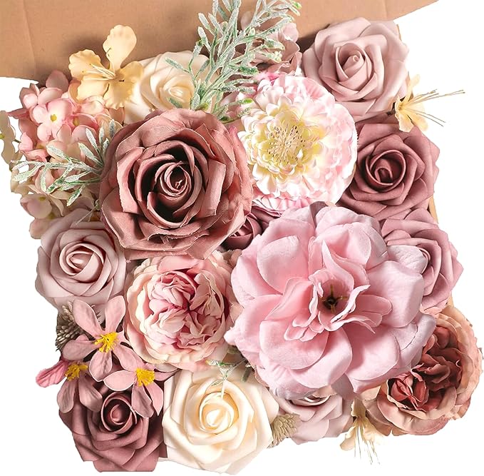 Dusty Rose Artificial Flowers Set - Fake Roses, Peonies, Silk Flowers with Stems for DIY Wedding Bouquets,Floral Arrangement,Table Centerpieces,Baby Shower, Home Decor