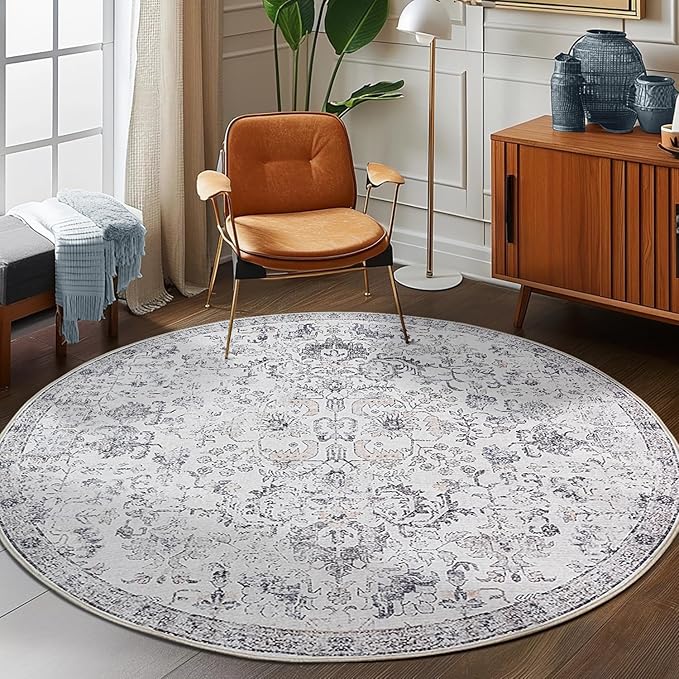 jinchan Kalen Round Rug 6ft Area Rug Washable Vintage Indoor Retro Floor Cover Distressed Gray Floral 6' Round Circle Boho Non Slip Thin Carpet for Living Room Dining Room Bedroom Kitchen Grey