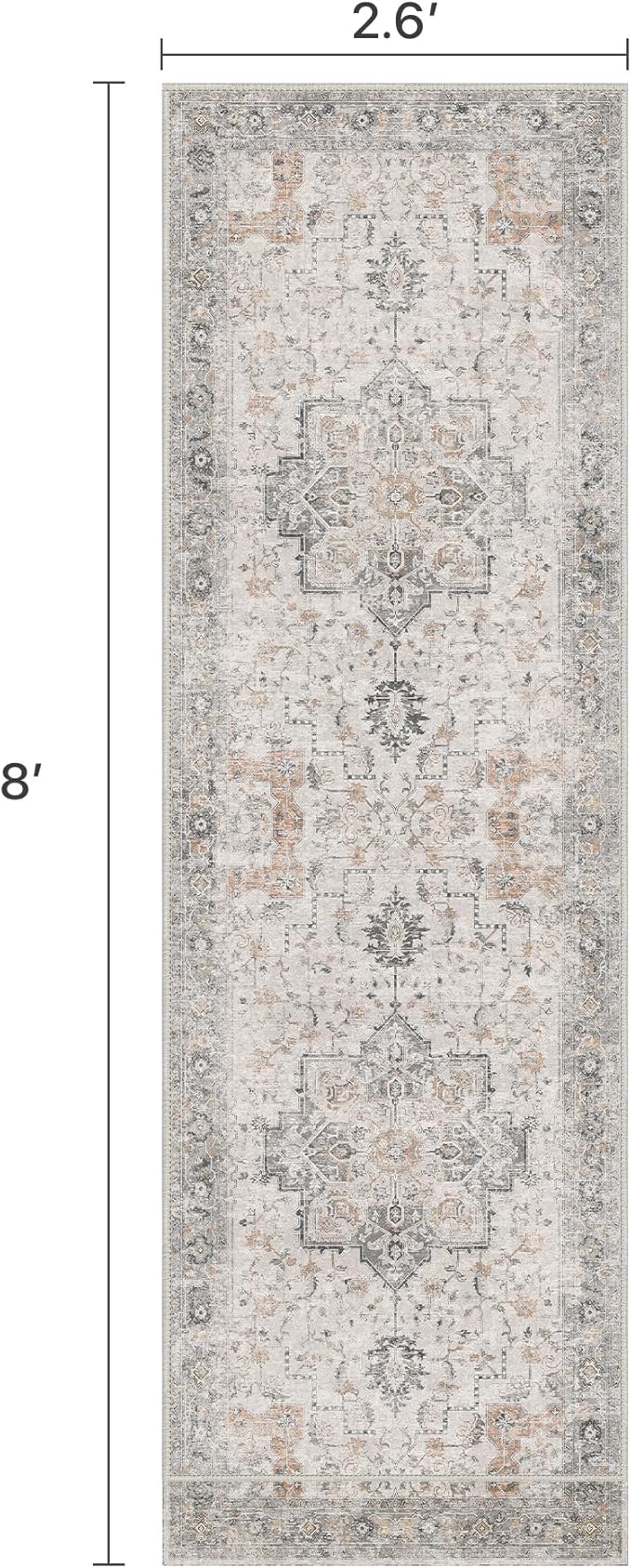 Runner Rug 2'6''x8, Non Slip Vintage Hallway Runner Rugs, Low Pile Lightweight Machine Washable Mat for Hallway, Entryway, Bedroom, Kitchen and Corridor, Light Taupe Brown