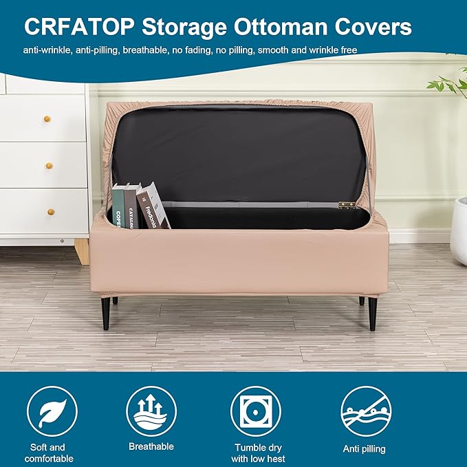 CRFATOP Waterproof PU Ottoman Stool Cover Stretch Folding Storage Footstool Bench Slipcovers Upholstered Foot Chest Chair Covers Washable Entryway Furniture Protector with Elastic Bands,M,Taupe