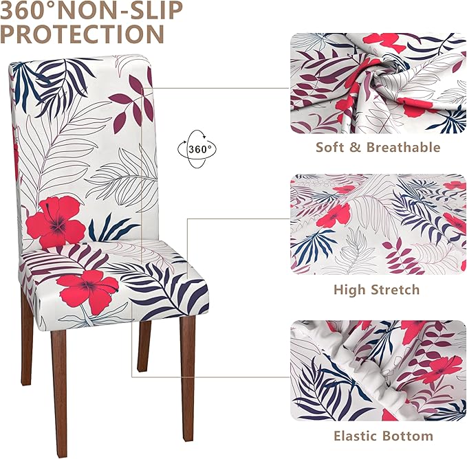 Stretch Dining Chair Covers Set of 6,Floral Print Chair Covers,Soft Removable Washable,Pet Friendly Furniture Protector,Universal Chair Slipcovers for Home, Kitchen,Ceremony Dining Room Seat