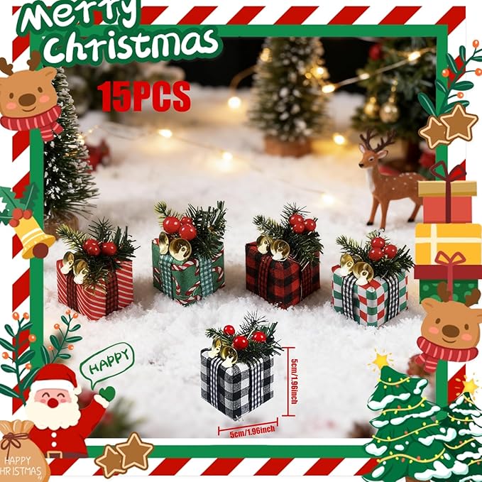 15 Pcs Christmas Tree Gift Boxes Ornaments Xmas Ornaments Present Boxes with Bell Red Berries Needle Miniature Hanging Christmas Ornaments for Xmas Tree Holiday Party Decor