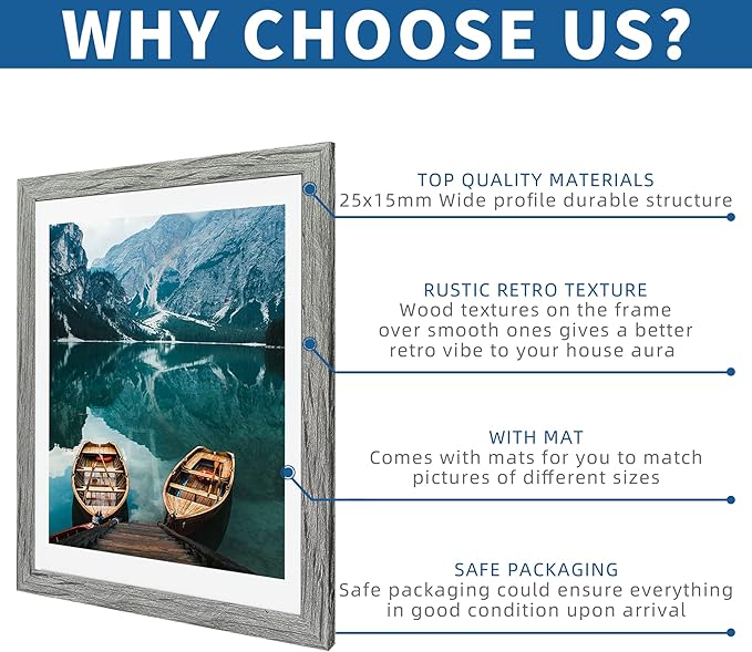 14x22 Picture Frame Set of 2, Rustic Grey Wood Style - Display 14 x 22 Picture without Mat or 12x18 Picture with Mat, Wall Mounting Horizontal and Vertical