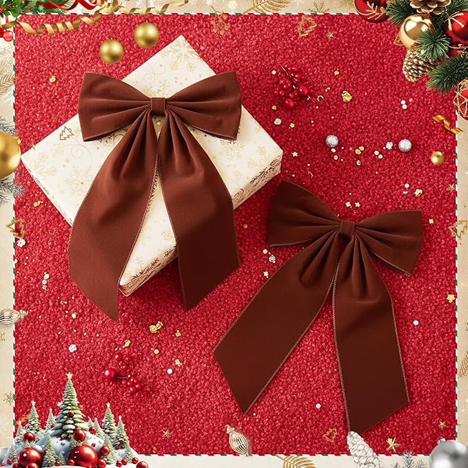 Riceshoot 2 Pcs 10 x 16 Inch Large Bows Valentine's Day Tree Decorations Velvet Ribbon Tree Topper Velvet Wreath Bows with Wired Edge for Valentines Home Fireplace Indoor Outdoor Decor (Brown)