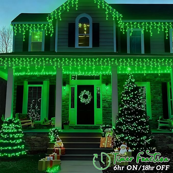 YEGUO 66ft 800 LED Icicle Christmas Lights Outdoor Waterproof, 160 Drops Icicle Lights Connectable, 8 Modes Icicle String Light with Memory(Green)