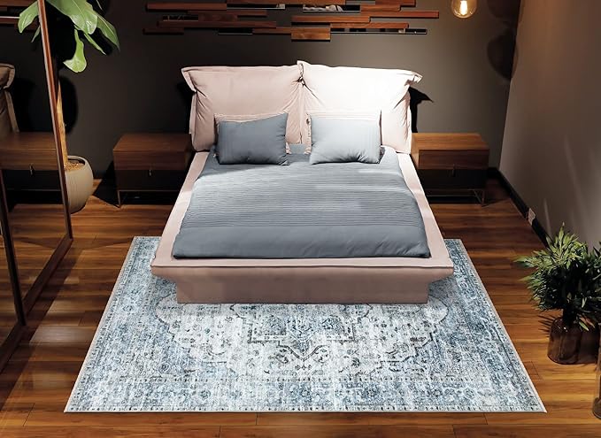 Bloom Rugs Caria Washable Non-Slip 9x12 Rug - Ivory/Blue/Gray Traditional Area Rug for Living Room, Bedroom, Dining Room, and Kitchen - Exact Size: 9' x 12'