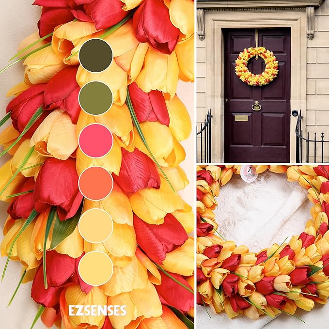 Tulip Wreath for Front Door, 20 Inch Tulip Spring Wreath with Green Leaves, Artificial Floral Door Wreath for All Seasons Wall Window Valentine Easter Home Decor (Orange)
