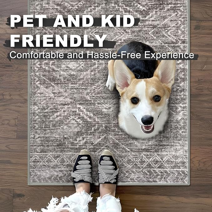 KILOCOCO Boho Entryway Rug 3x5 Area Rug Washable Non Slip Throw Rugs Soft for Kitchen Living Room Dining Bedroom Geometric Moroccan Carpet, Taupe