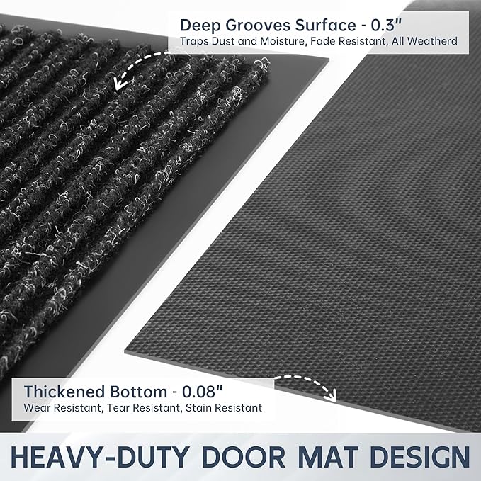Front Door Mat, 48" x 36" Heavy Duty Indoor Outdoor Doormat, Non-Slip Welcome Mats for Entryway, Rubber Backing Low Profile Commercial Door Mats, Black Stripe