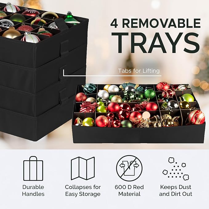Christmas Ornament Storage Container,Box Stores Up to 96-3 inch ornaments, Adjustable Dividers, Large Organizer Bin to Protect and Store Holiday Décor - Black