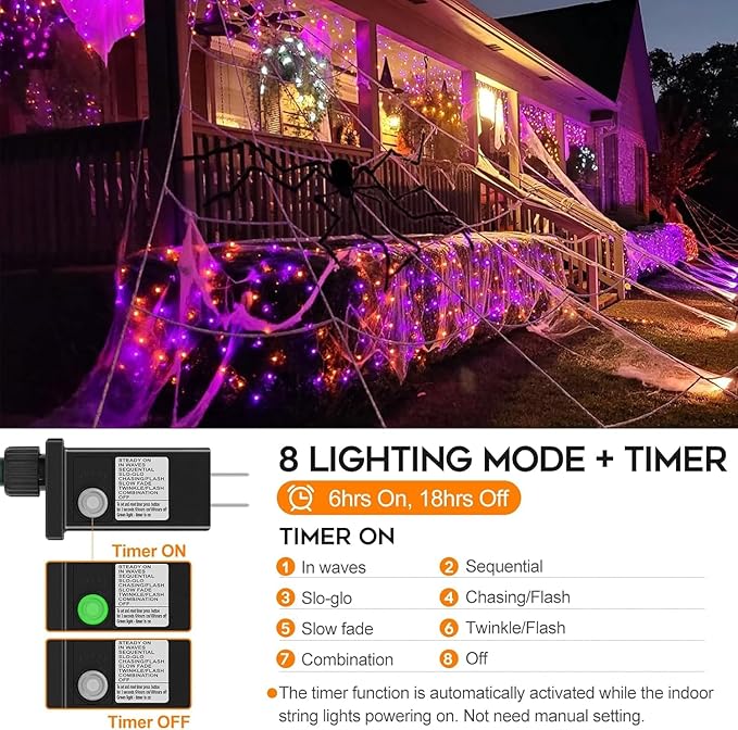 Halloween String Lights Plug in,33FT 100 LED String Lights with 8 Modes & Timer, Halloween Decorations for Party Carnival Supplies, Outdoor Indoor Yard Garden Decor,Orange