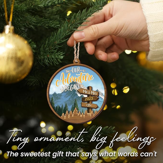 Christmas Wedding Gifts for Couples 2025 - Adventure Start Two Layer Wooden Christmas Ornaments for Tree Decorations - Bridal Shower Marriage Newly Wed Engagement Gifts for Couples Decorations