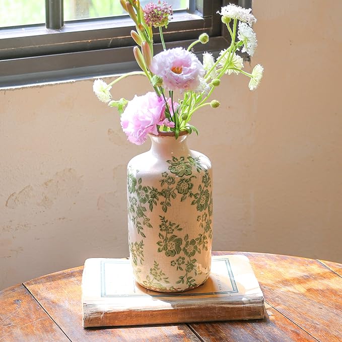 8" Retro Crackle Glaze Ceramic Vase Rustic Green Vases Decorative Vases Farmhouse Home Decor Vase Chinoiserie Vintage Flower Vases