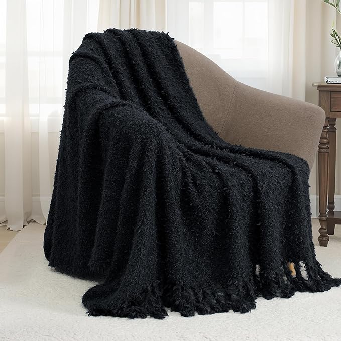 Knit Throw Blanket Fluffy Fuzzy Soft Lightweight Cozy Farmhouse Tassels Chunky Knitted Throws for Couch Sofa Bed (Black, 60"x80")