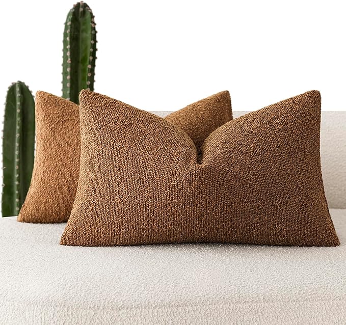Foindtower Pack of 2 Textured Boucle Throw Pillow Covers Accent Solid Decorative Lumbar Pillow Cases Cozy Couch Cushion Case for Chair Sofa Bedroom Living Room Home Decor 12x20 Inch Hazel Brown