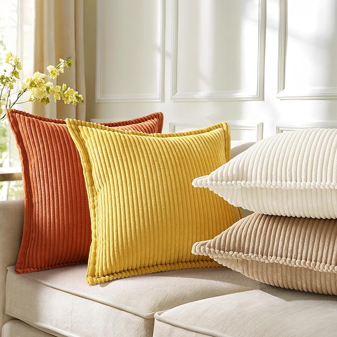 decorUhome Corduroy Mustard Yellow Throw Pillow Covers 18x18 Set of 2 Decorative Soft Boho Farmhouse Euro Couch Pillow Covers for Living Room Bed Sofa Broadside Striped Pillow Cases