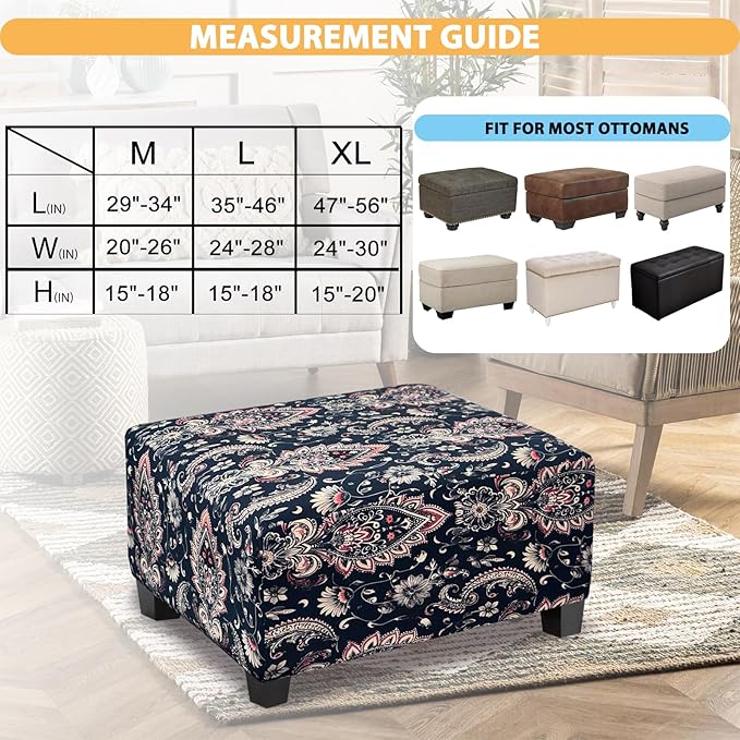 Ottoman Cover Rectangle Printed,Stretch Slipcover for Rectangular Footstool,Soft Fabric with Non-Slip Elastic Bottom,Furniture Protector for Living Room or Bedroom,X-Large,Flower G