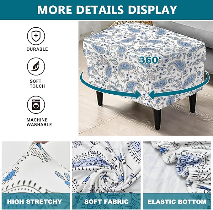 KRFOONN Stretch Ottoman Cover Slipcovers Rectangle Fit Length 39"-47" Footrest Stool Covers Printed Ottoman Cover for Foot Stool Furniture Protector with Non Slip Elastic Bottom, Color 15