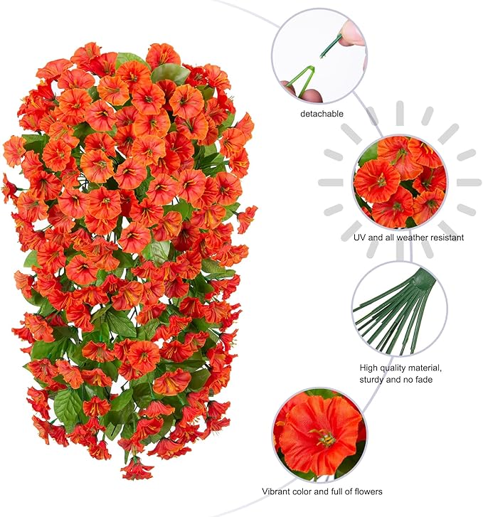 HyeFlora Artificial Fake Hanging Flowers Plants for Outdoor Outside, 2PCS Faux Silk Orange Morning Glory Trailing Vines UV Resistant Look Real for Home Planter Porch Patio